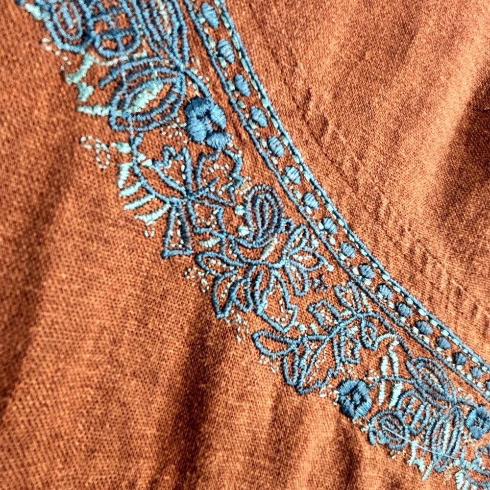 Vintage 90s LOng Linen Blend Dress L Sleeveless Brown Embroidered Lagenlook Boho - Picture 7 of 9
